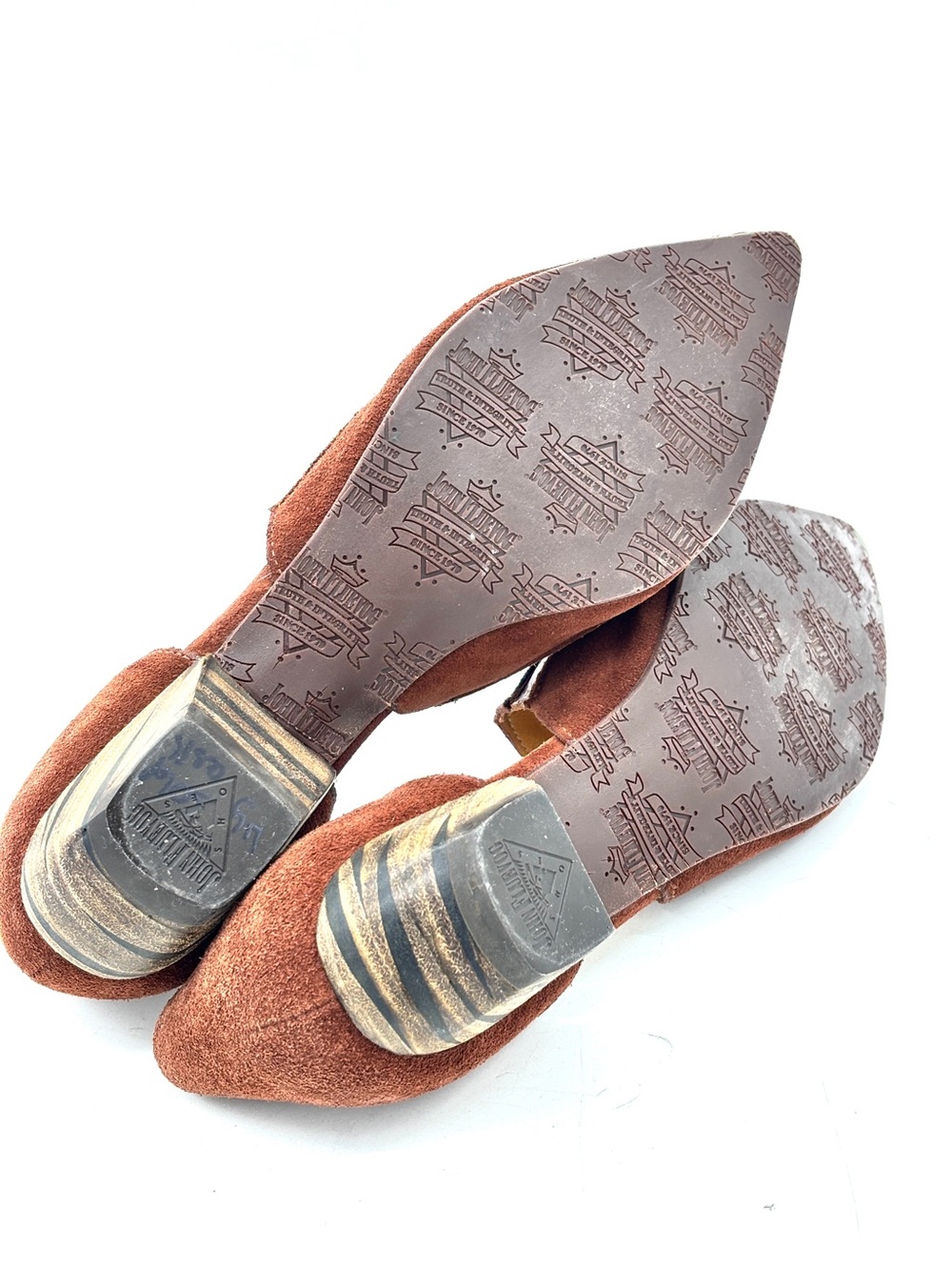 John Fluevog Jessica Brown Leather Suede Slip on Heels - Picture 4 of 6